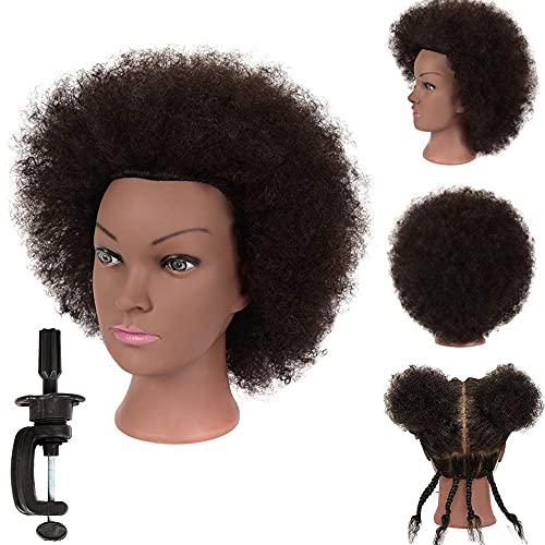 Afro Hair Manikin Head 100% Human Hair African American Manikin Head Curly Hair Mannequin Head Cosmetology Doll Head Hairdresser Training Head for Practice Styling Dye Cutting with Free Clamp Stand