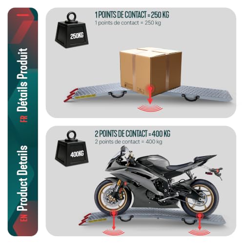 Miniatura 5 de VOUNOT® Rampa de Carga Plegable 400 kg Máx. de Capacidad, Rampa de Acceso Riel Antideslizante de Metal Galvanizado con Correas de Seguridad, Plegable para Moto Tractor Motocicleta ATV Quad