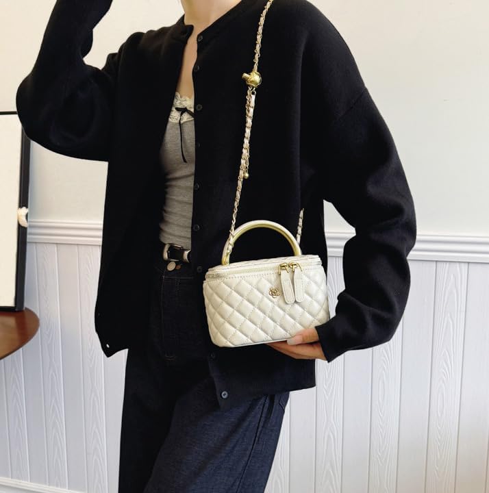 Quilted Leather Crossbody Bag with Chain Strap Women's Top Handle Bucket Square Box Bag for Women - Image 2