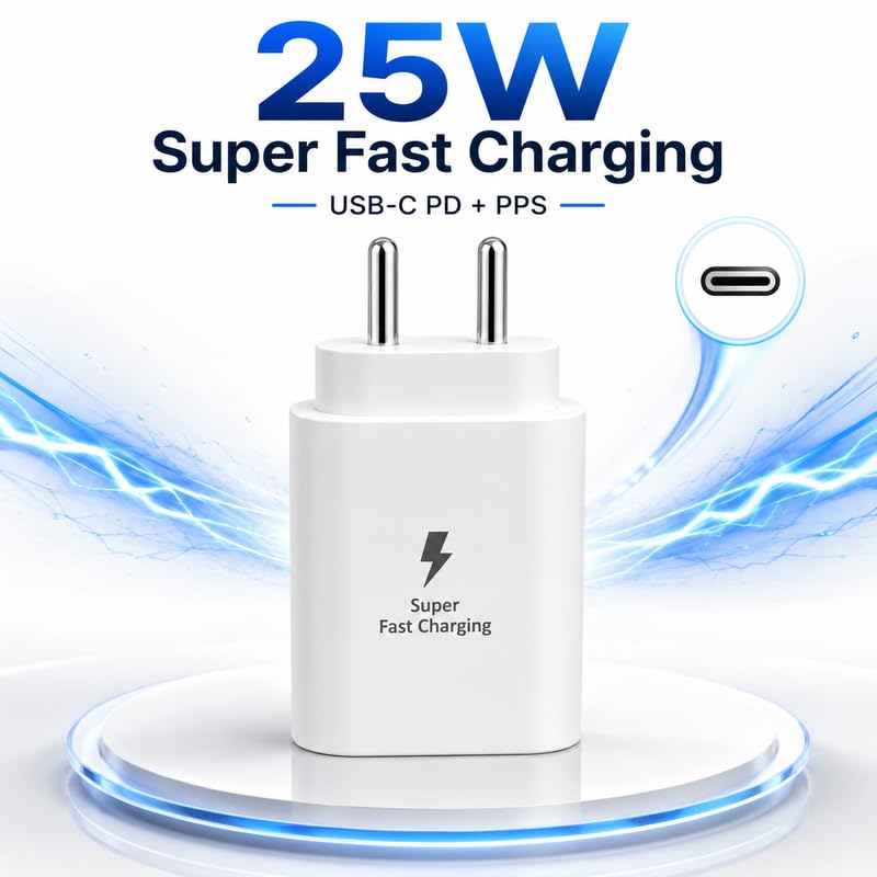 Image of 25W USB-C Fast Charging Adapter Compatible with Samsung Galaxy A54|A27|A14 |A35|A56|M14|M15|M16|M17|M17e|M47|F14|F35|F56| 25 Watt Superfast Charging Travel Adaptor for Type-C Smartphone, White