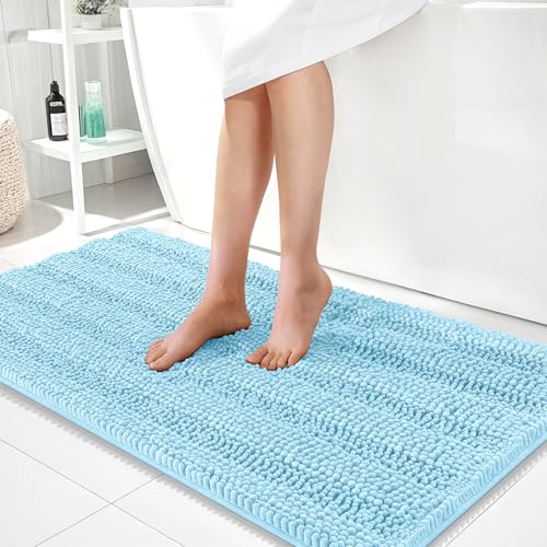Image of OLANLY Thick Bathroom Runner Rugs 44x24, Extra Absorbent Chenille Striped Bath Rugs, Rubber Backing, Machine Wash Dry, Long Bath Mats for Bathroom, Tub and Shower, Home Decor Accessories, Sky Blue
