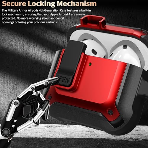 Image of Olytop for Airpods 4 Case with Lock Clid, Rugged Apple Airpods 4th Generation Cover 2024 Men Women, Armor Shockproof iPod 4 Gen Protective Hard Shell with Carabiner&Cleaner kit, Black /Red