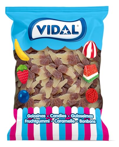 Vidal Golosinas. Botellas Pica Cola. Caramelos de goma con forma de botella, sabor cola y cobertura ácida. Sin gluten ni grasa. Bolsa 250 u