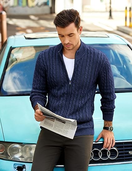 Image of TYSORT Men's Cotton Full Sleeve High Neck Full Zipper Sweater for Men, Cable Knitted Cardigan for Men