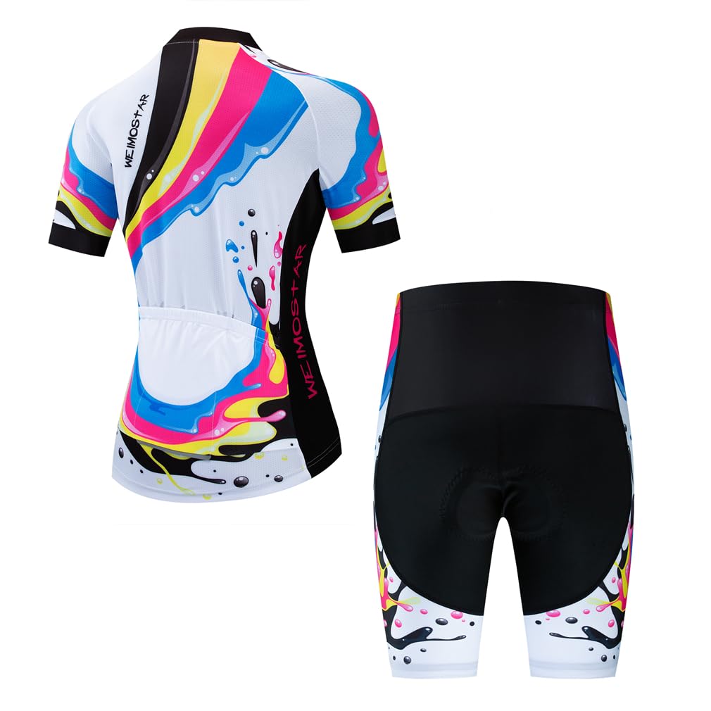 Cycling Jersey Women Set Short Sleeve Set Girls Padded Bike Shorts Clothing Suit Stripe White XL
