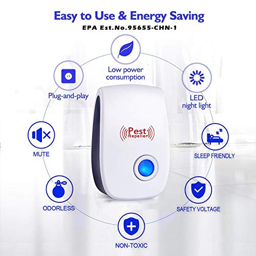 Ultrasonic Pest Repeller 6 Pack, 2020 Generation, Pest Repellent, Electronic Indoor Pest Repellent Plug in for Insects, Bugs, Pest Control for Living Room, Garage, Warehouse, Office, Hotel