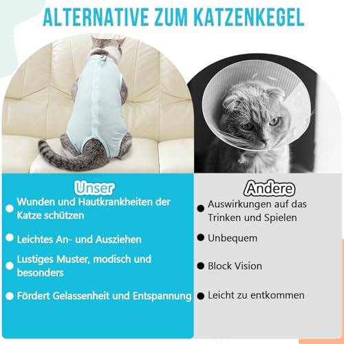 Eyein Katzenbody nach OP, Atmungsaktiver bequemer Erholungsanzug Anti-leckende Katzen-Operationsanzug mit Mesh Design für Katze Body Operation - Katzen Kätzchen E-Halsband Alternative (Hellblau, S)