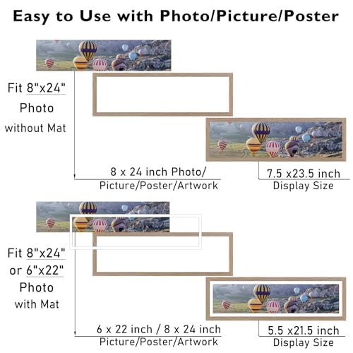 Image of JCJMY 8x24 Picture Frame with 6x22 Mat, Panoramic Picture Frame Display Photo 6x22 with Mat or 8 x 24 Without Mat, Wall Hanging Large 8 by 24 Poster Frame with Plexiglass, Rustic Brown