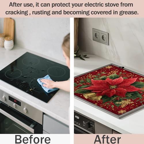 Image of Christmas Holly Berrie Leaves Stove Top Cover for Electric Stove, Heat Resistant Glass Cooktop Cover, Stovetop Protector, Dish Drying Mats Cover for Ceramic Washer Top 28x20 inch