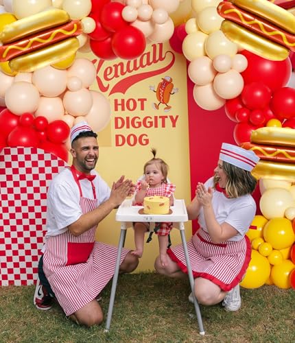 Image of Cute Hot Dog Balloon Garland Arch Kit,151PCS Red and Yellow Balloons, Creative Theme for Baby Shower Gender Reveal Boy Girl Birthday Party Decorations