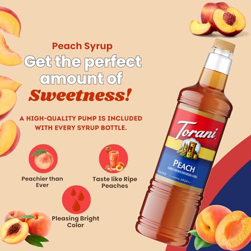 Image of Torani Peach Syrup 1L with Pump Sweet Flavoring for Lemonades, Teas & Drinks