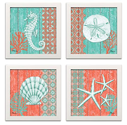4 Lovely Teal And Coral Ocean Seashell Sand Dollar Seahorse Star Fish Collage; Nautical Decor; Four 12X12 Inchwhite Framed Prints; Ready To Hang! #TOP24