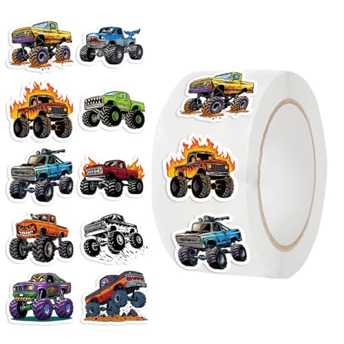 500Pcs Monster Truck Stickers for Kids 1 Inch Reward Stickers in 10 Patterns Cartoon Decal Rolls Self Adhesive Seals for Kids Girls Boys Teen Birthday Party Decorations Water Bottle Scrapbook (Truck)