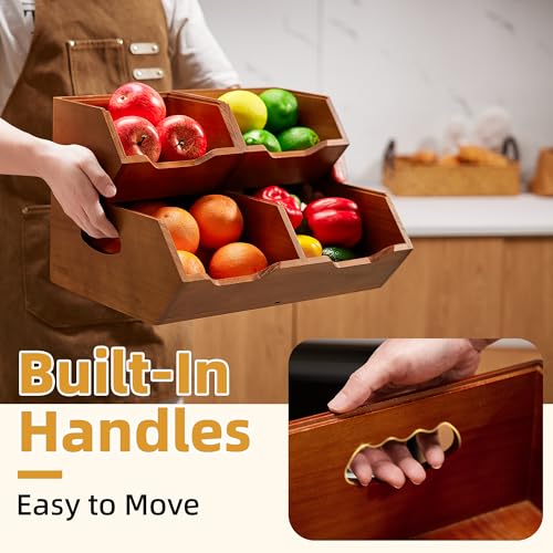 HYPIGO Wood Pantry Storage Basket and Fruit Basket Set, Stackable Kitchen Counter Organizer for Potatoes, Onions, Bread and Produce - Image 4