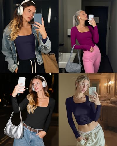 Ficerd 3 Pack Square Neck Tops for Women Long Sleeve Going Out Slim Fit Shirts Cotton Basic Tees 2025 Fall Clothes2