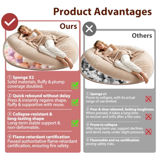 Image of 6FT,jumbo bean bag chair for adults,bean bag with filler included,Comfortable and soft flannel cover, removable and washable, oversized bean bag, suitable for living room and bedroom.(Apricot, 6 Foot)