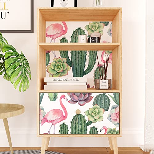 Veelike Flamingos Cactus Wallpaper 17.7''X118'' Tropical Green Succulent Floral Peel And Stick Wallpaper For Nursery Wall Decor Removable Wallpaper Self Adhesive Contact Paper For Bedroom Cabinets #TOP6