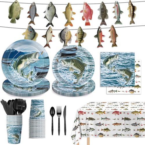 170PCS Gone Fishing Party Decorations Fishing Birthday Party Decorations Include Plates, Cups, Cutlery, Banner, Tablecloth for Ofishally One Birthday Decorations, Serve 24