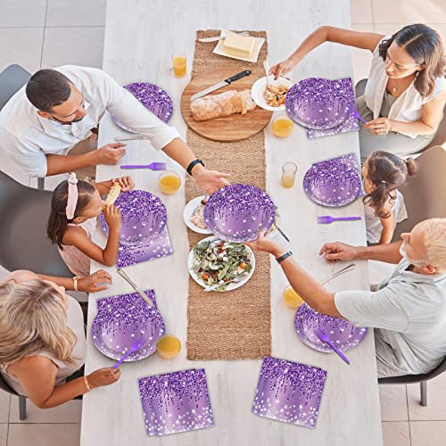 Image of 96 Pcs Purple Silver Tableware Set for Birthday Party Decor Disposable Dessert Plates Napkins Forks for 24 Guests Elegant Purple Tableware for Women Girls Baby Shower Bridal Shower Party Supplies
