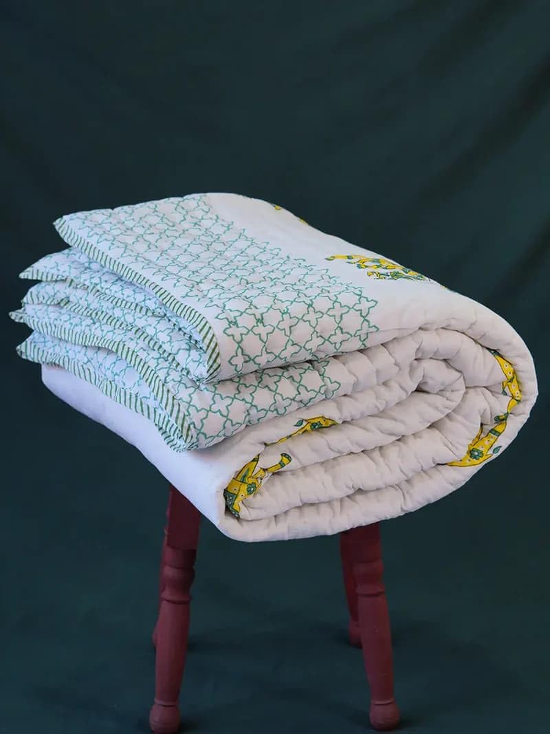 Organic Mulmul Cotton Quilt- Desert, Handblock Printed, 100% Surgical Cotton (Double)-image-32