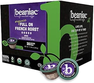beaniac Organic Full On French Roast, Dark Roast, Single Serve Coffee K Cup Pods, Rainforest Alliance Certified Organic Arabica Coffee, 30 Compostable Plant-Based Coffee Pods, Keurig Brewer Compatible