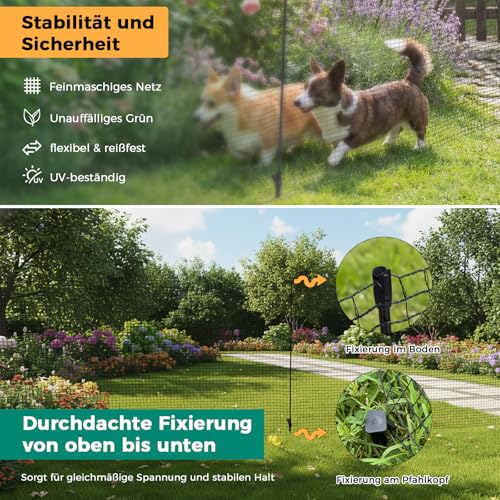 Signstek Mobiler Begrenzungszaun 90 cm hoch – 15 m Steckzaun mit 9 Pfählen, ohne Strom, engmaschig, schwarz | Hundezaun, Hühnerzaun, Gartenzaun