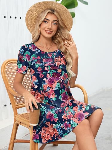 Image of Heymoments Women's Short Sleeve Crewneck Sundress Summer Casual A-Line Beach Dress with Pockets S-2XL
