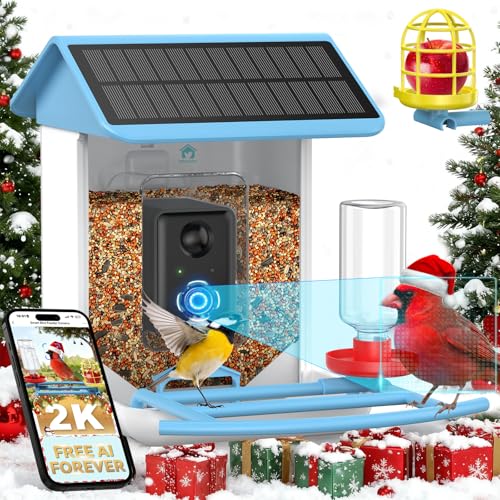 Bird Feeder with Camera No Subscription-Free AI Forever for 1,1000+ Birds Identification, 2K HD & 5MP Night Vision, Record Video Live View, 64GB Card, App Alerts, Gifts for Bird Lovers (Sky Blue)
