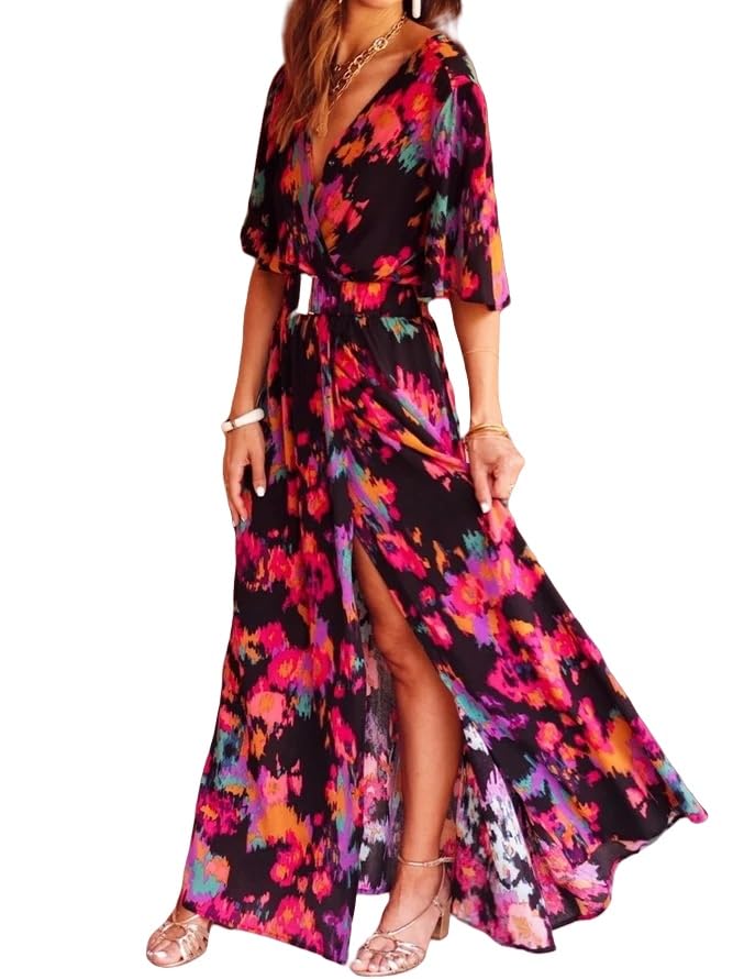 Vestido Maxi Bohemio De Verano para Mujer, Cuello En V, Manga Corta, Largo, Bohemio, con Flores, Cruzado, con Abertura Lateral, para Playa, Fiesta Informal.