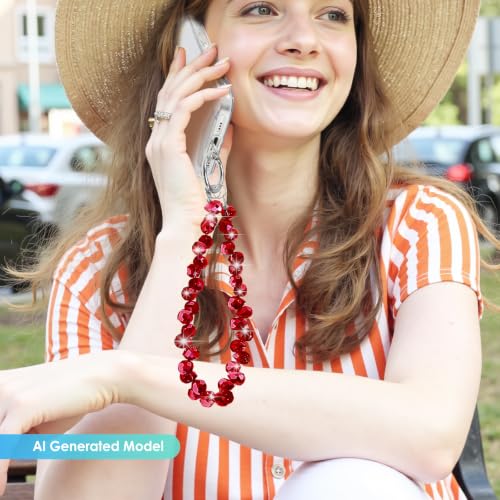 Image of TENOC Beaded Phone Wrist Strap, Burgundy | Cellphone Lanyard Chain, Sparkling Wristlet Bracelet, Comes with Metal Phone Tether Tab, For Women