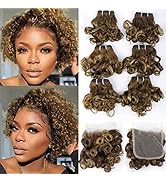 4/27 Short Wavy Curly Bundles with Closure Brazilian P4/27 Wavy Curly 6 Bundles with 4x4 Lace Clo...