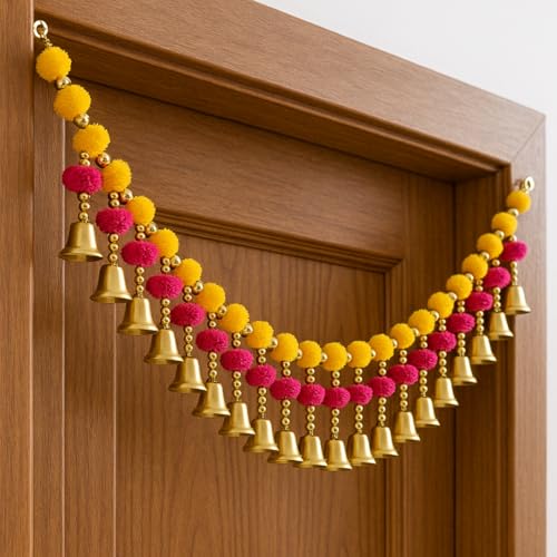 Image of Handmade Pom Pom Bandhanwar for Main Door - Traditional Toran Bandarwal for Door, Temple & New Home - Decorative Door Hanging with Bells - Bandanwar for Diwali, Pooja Room, Mandir (39 Inch)