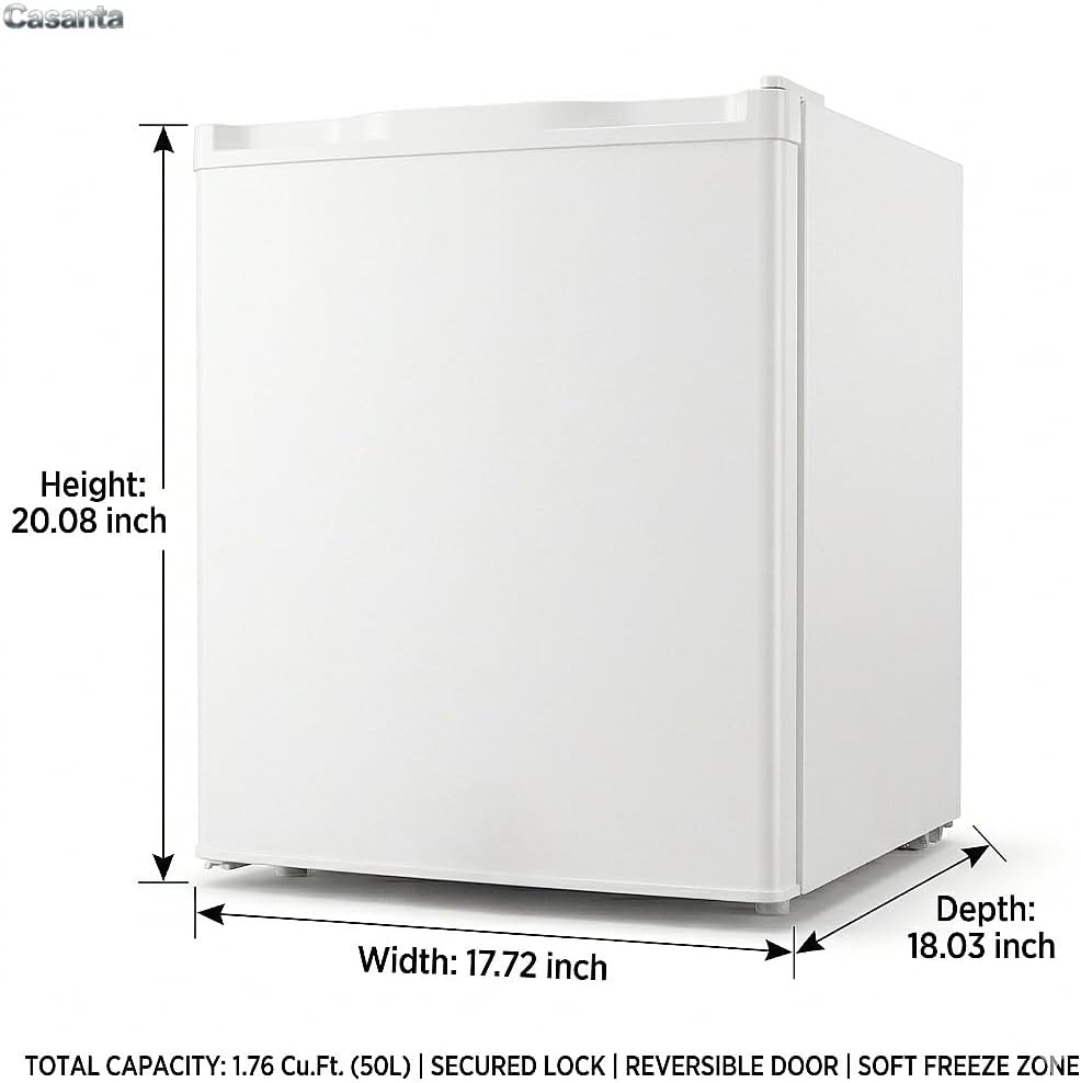 Casanta 50L. Mini Fridge with Lock and Key, Compact Refrigerator with Chiller Compartment, Quiet Energy Efficient Small Fridge for Dorm, Bedroom, Office, RV, Garage - White