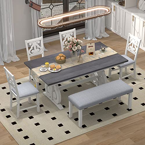 Fanye Wooden Farmhouse Style 6-Piece Upholstered Dining Furniture Sets Include 1 Table, 4 Cut-Out Chairs With Soft Cushions And Padded Bench For Home Apartment Kitchen & Dining Room,Gray+White #TOP1