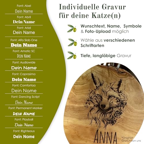 Futterstation personalisiert, Olivenholz - Futterbar mit Gravur und 2 Fressnäpfen für Katzen und Hunde