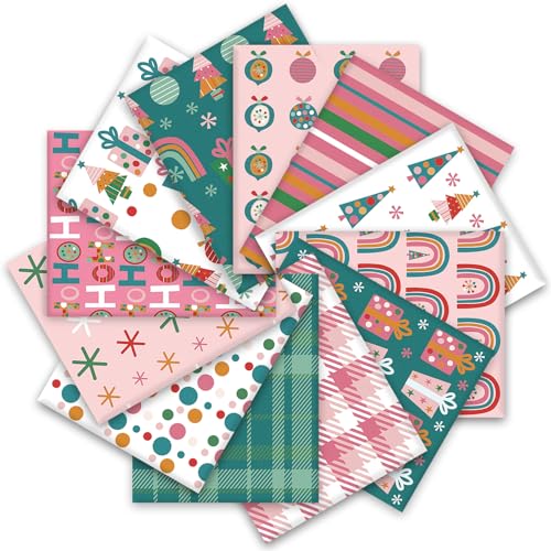 Whaline 12Pcs Christmas Cotton Fabric Bundles Xmas Tree Snowflake Gift