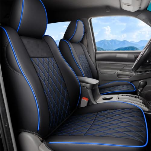 Image of Coverado Tacoma Seat Covers Full Set, Faux Leather Seat Covers Custom Fit for 2005-2015 Toyota Tacoma Double /Crew Cab Base Prerunner SR5 Limited TRD Sport Interior Covers (Blue Line)
