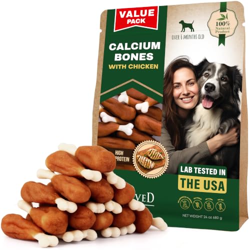 Image of Dog Treats Bones Wrapped Chicken & Rawhide Free Chew - Pet Healthy Dried Snacks & Grain Free Meat - Bulk Best Chews for Small & Large Dogs - Made for USA (24 oz (Pack of 1), Calcium Bones)