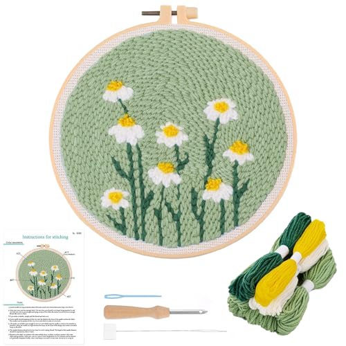Punch Needle Kit for Beginners – Flowers and Plants Pattern with Embroidery Hoops and Needles