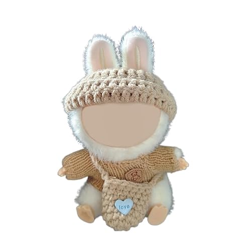 3Pcs Handcrafted Crochet Doll Clothes for labubu - Compatible with 6.7inch 17cm Dolls Only, Premium Dolls Outfit with Accessories, Hand Crocheted Hat, Sweaters, Bag (Khaki Sweater Set)