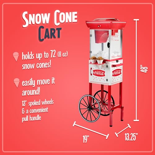 Image of Nostalgia Coca-Cola 48-Inch Tall Snow Cone Cart, Makes 48 Icy Treats, Includes Metal Scoop, Storage Compartment, Wheels For Easy Mobility - Coke Red
