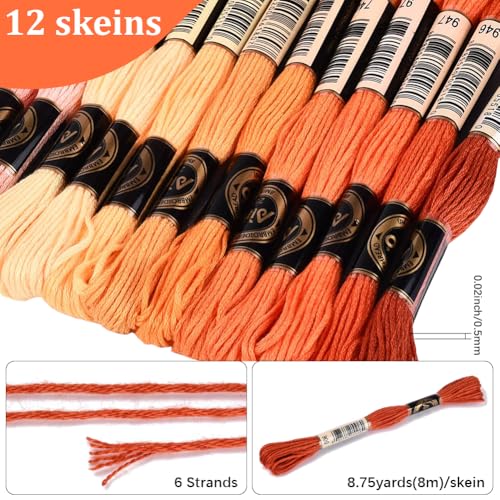 Image of 105 Yards 12 Skeins Gradient 6 Strands Orange Red Variegated Embroidery Thread Friendship Bracelet String Polyester Cross Stitch Floss Threads Assorted Bulk Set for Hand Sewing Making Supply