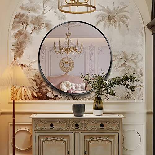 Kaasunes 28-Inch Large Wall Mounted Round Mirror Premium Brushed Metal Coated Frame Black, Glass Panel Circle Deep Set Design For For Washroom, Entryways, Living Rooms #TOP1