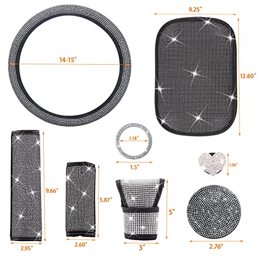 Koaudb 15Pcs Bling Car Accessories Set For Women, Rhinestone Steering Wheel Cover Diamond Center Console Cover Bling Heart Shaped Air Vent Clips Car Decor For Women Girls (Silver) #TOP1