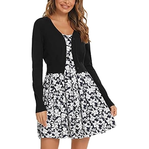 Enjyam Damen Bolero Kurze Strickjacke Langarm Cardigan Elegante Festliche Jacke V Ausschnitt mit Knopf zum Kleid Top Schwarz,M Cover