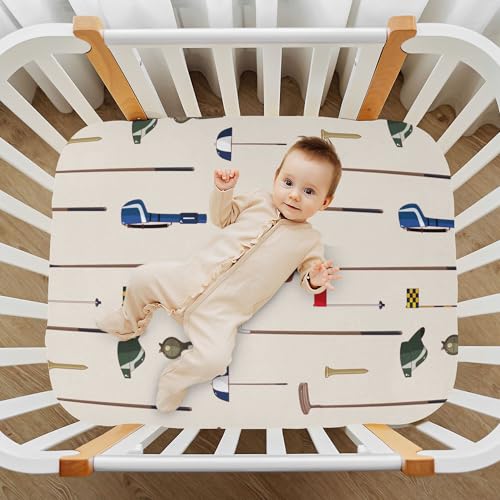 Image of Cartoon Golf Game Pattern Crib Sheets Soft Breathable Fitted Baby Crib Sheets Mattress Cover for Girls Boy, 52 inch x 28 inch x 9 inch