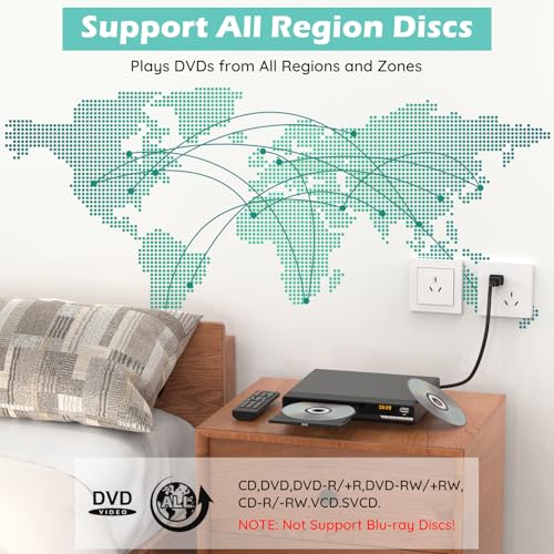 Image of DVD Players for TV with HDMI,Plays All Regions and Formats,CD Players for Home,Support 1080P Video /CD /DVD /VCD /JPEG /USB, Remote, HDMI and RCA Cables Included (2026 New Model)