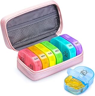 AUVON Pink PU Leather Bag Pill Boxes 7 Day 2 Times a Day, Large AM/PM Pill Box Organiser with Portable Zipper Leather Bag for Holding Supplements, Vitamins and Fish Oils