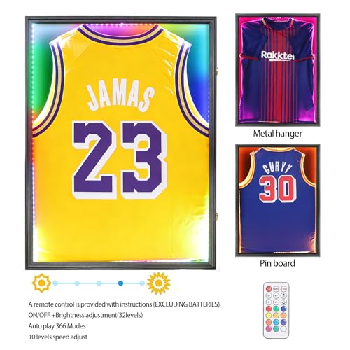Image of Jersey Frame with LED for Wall, Large Lockable T-Shirt Shadow Box with LED Light & Clear UV Protection Acrylic & Hangers for Football Basketball Baseball Soccer Hockey, Matte Black 1 Pack