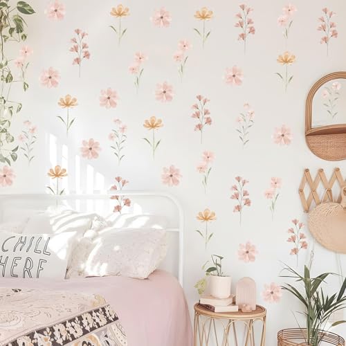 48 PCS Boho Flower Stickers Daisy Wall Decals for Girls Rooms Playrooms and Nurseries Dual Layer Print for High Coverage Removable Peel and Stick Wall Decor